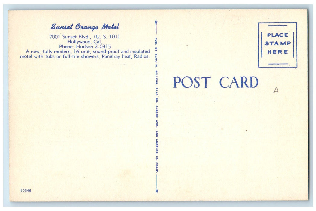 c1950 Sunset Orange Motel Restaurant Classic Car Roadside Hollywood CA Postcard