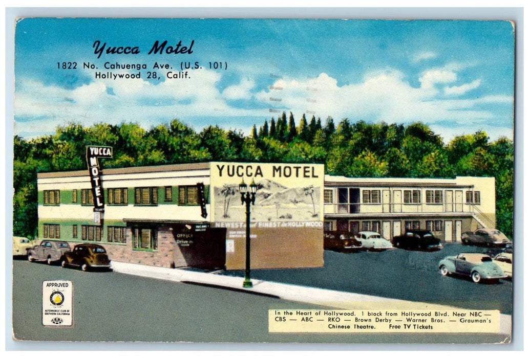 1956 Yuka Motel Restaurant Classic Cars Hollywood 28 CA Advertising Postcard