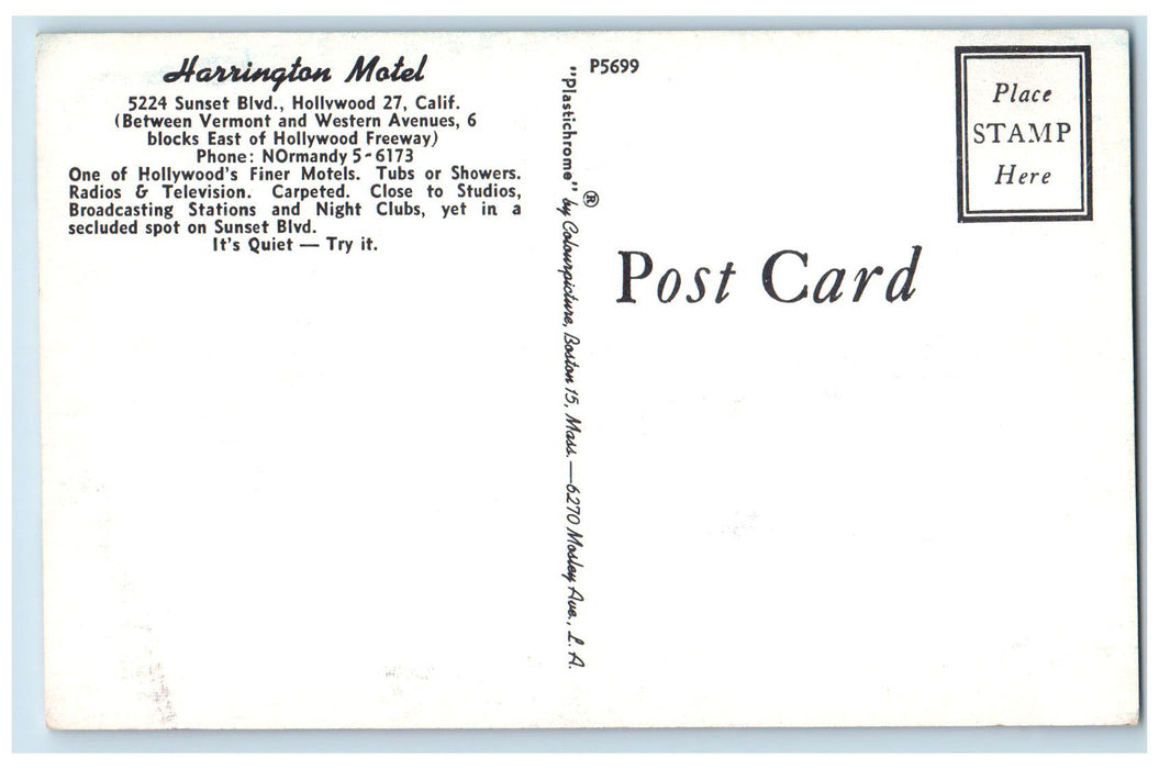 c1950 Harrington Motel Restaurant Classic Cars Umbrella Hollywood 27 CA Postcard