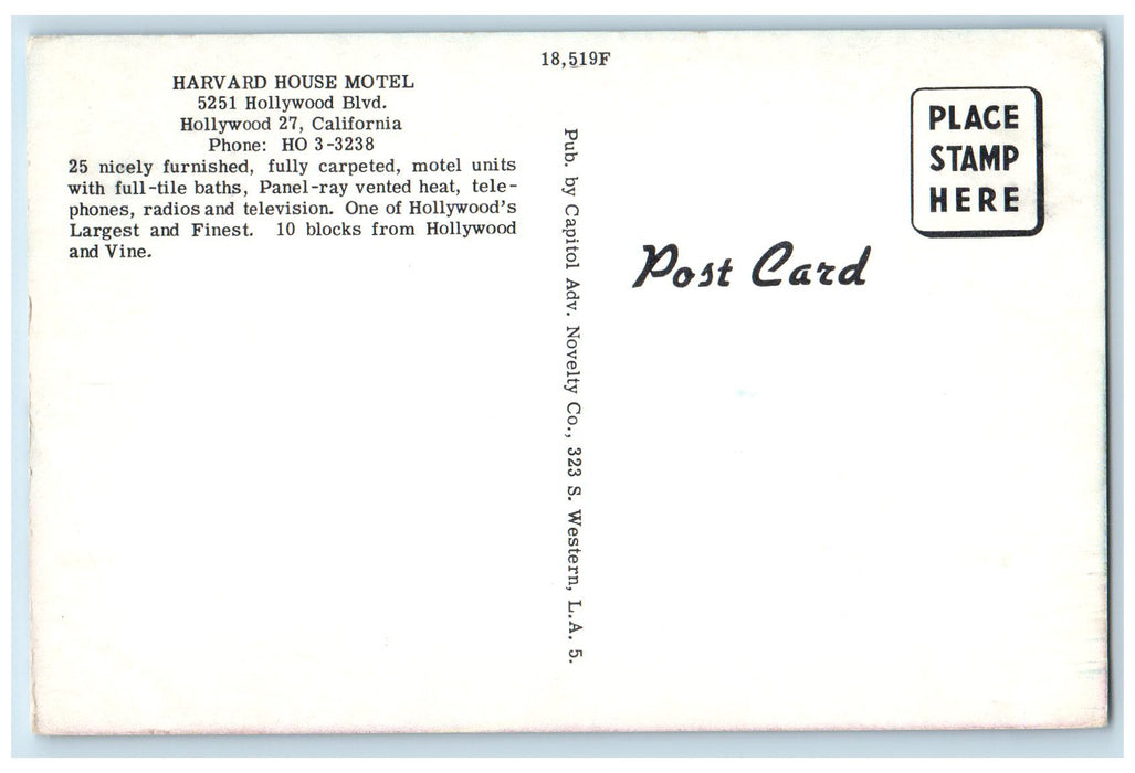c1950 Harvard House Motel View Restaurant Classic Cars Hollywood 27 CA Postcard