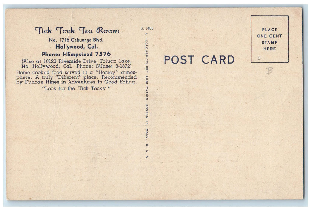 c1950's Tic Tock Tea Room Restaurant Entrance Dine Set Up Hollywood CA Postcard