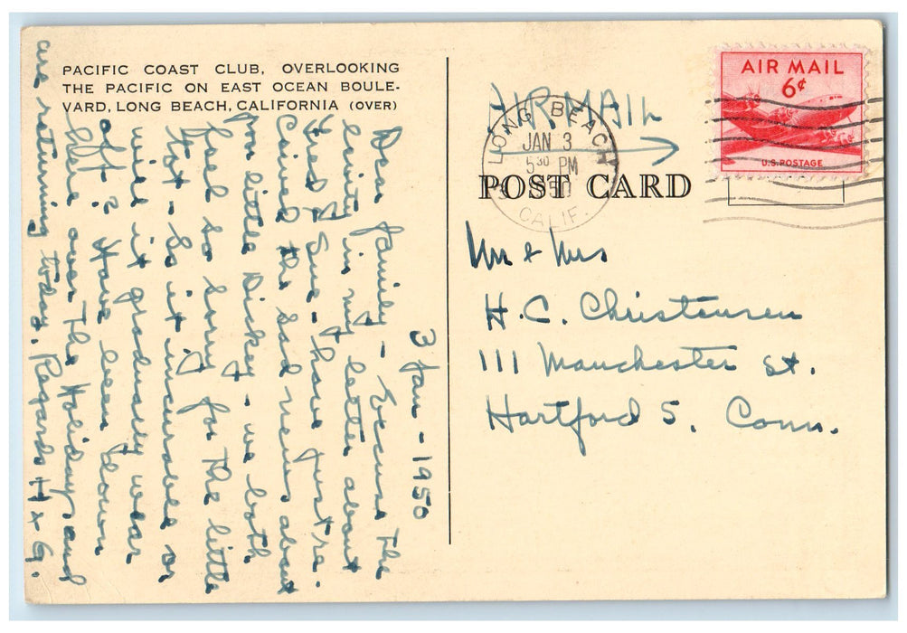 1950 Pacific Coast Club View Restaurant Canopy Entrance Long Beach CA Postcard