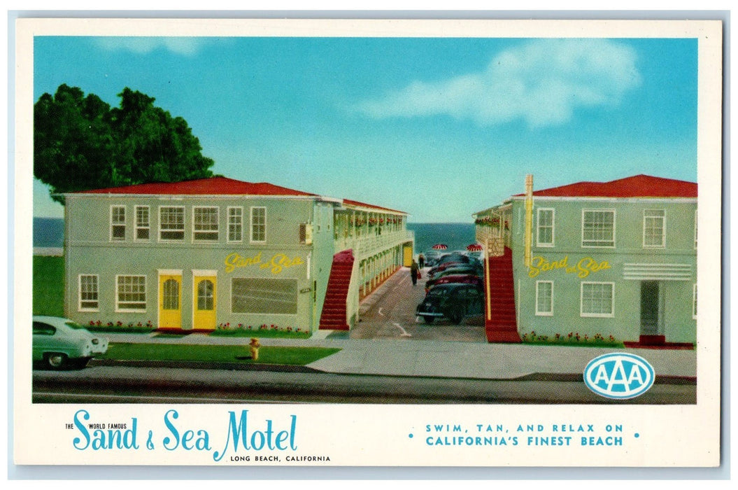 c1950's Sand Sea Motel Restaurant Classic Cars Long Beach California CA Postcard