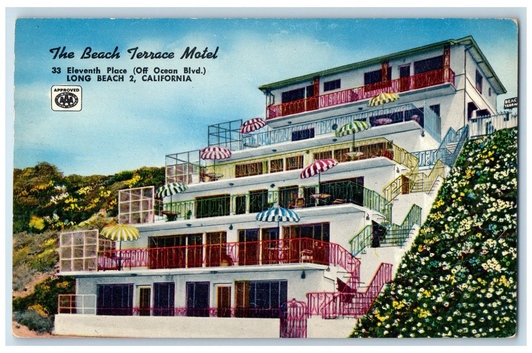 c1950's The Beach Terrace Motel Apartment Restaurant Long Beach 2 CA Postcard