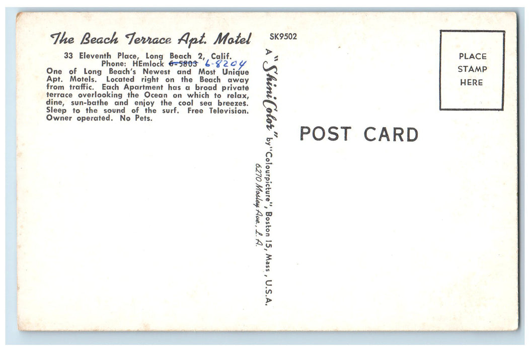 c1950's The Beach Terrace Motel Apartment Restaurant Long Beach 2 CA Postcard