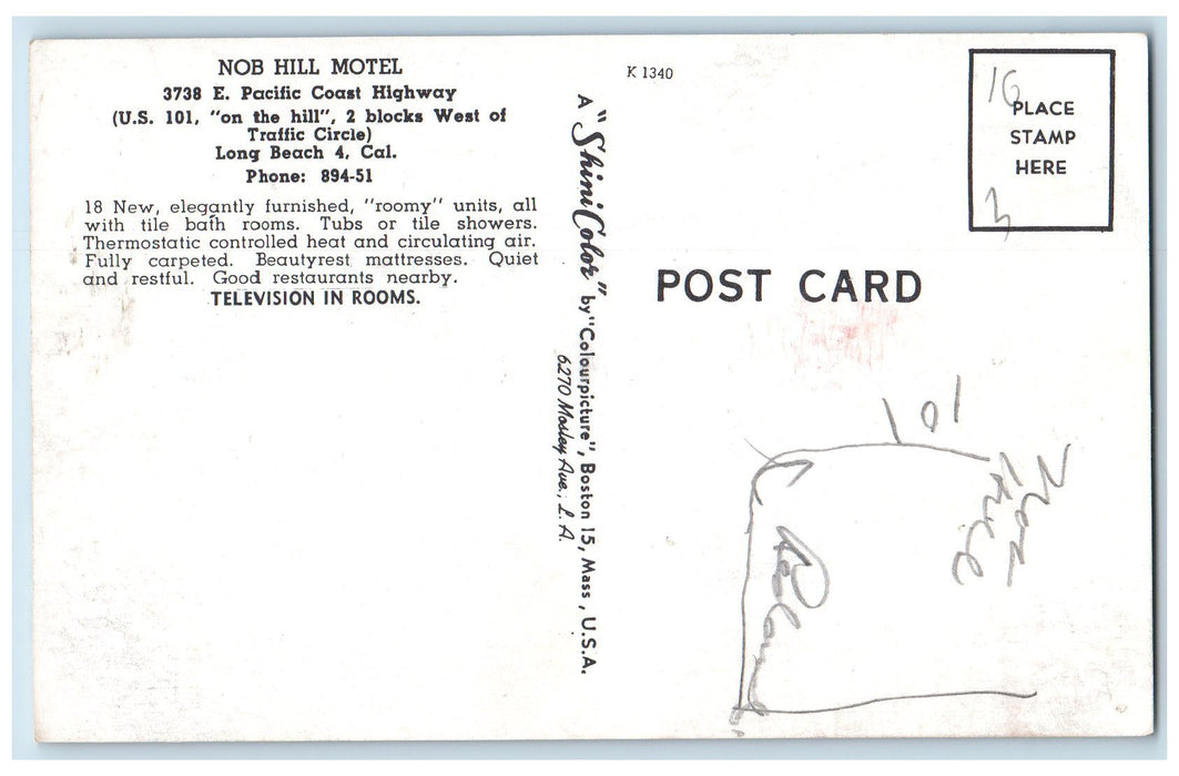 c1950's Nob Hill Motel Entrance Restaurant Long Beach 4 California CA Postcard