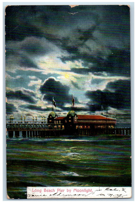 1909 Long Beach Pier By Moonlight Docking Port Bridge California CA Postcard