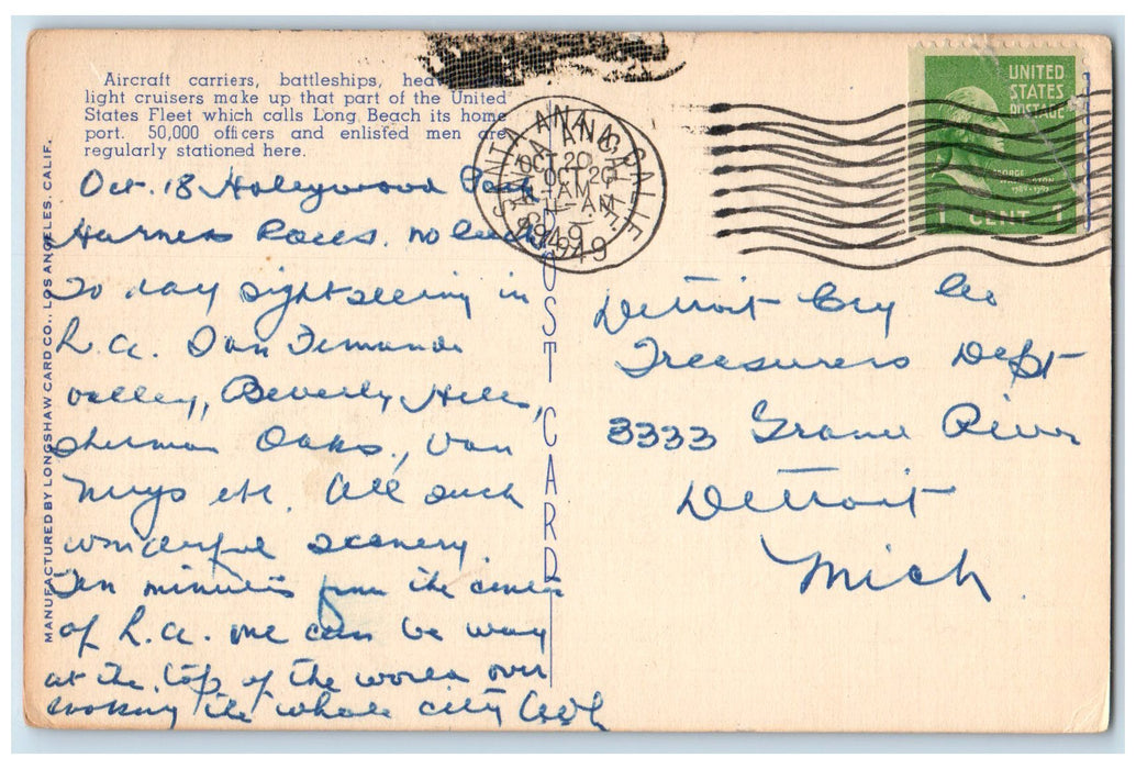 1949 Battle Fleet Off Long Beach Military Navy Battleships CA Posted Postcard