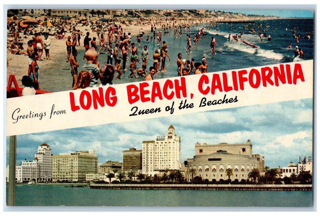c1950's Greetings From Long Beach Swimming Crowd Beach California CA Postcard