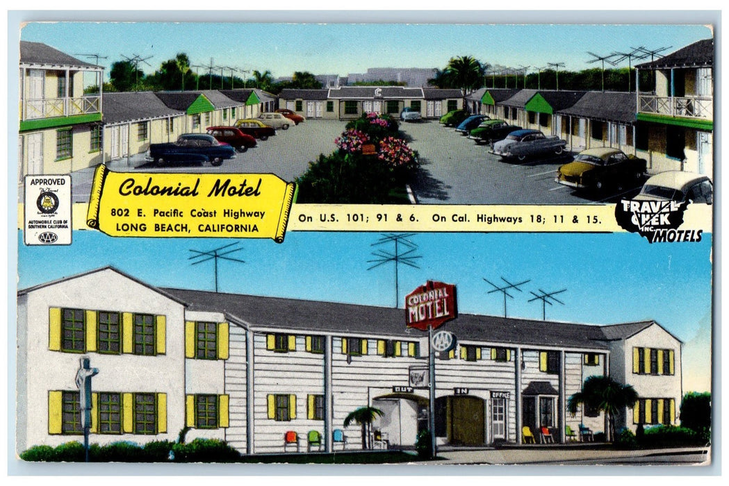 c1950 Colonial Motel Restaurant Classic Cars Long Beach 6 California CA Postcard
