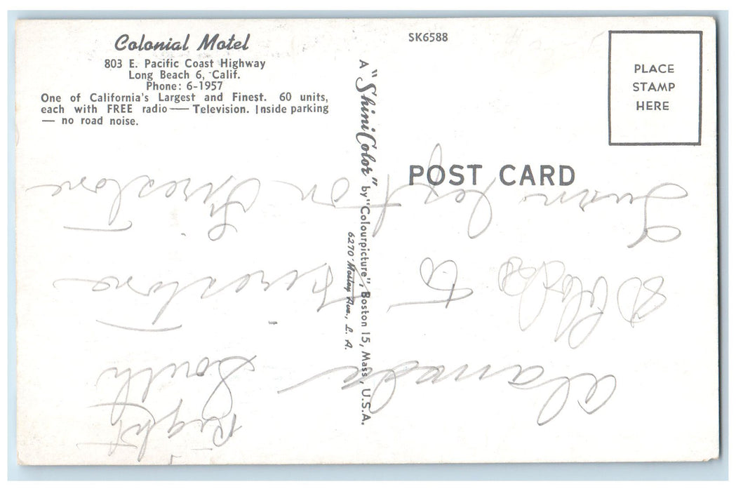 c1950 Colonial Motel Restaurant Classic Cars Long Beach 6 California CA Postcard