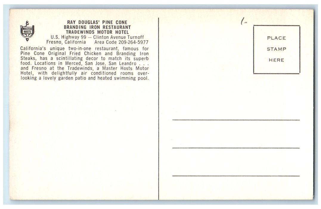 c1950 Ray Douglas Pine Cone Restaurant Motor Hotel Fresno California CA Postcard