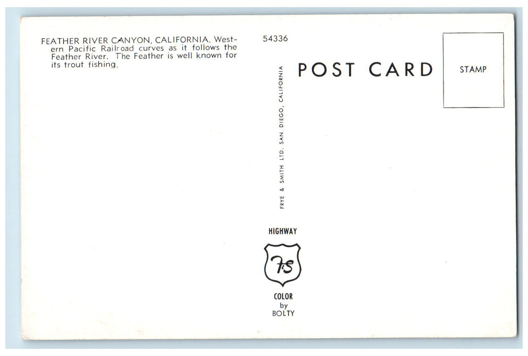 c1950's Feather River Canyon View Lake Railroad Mountains California CA Postcard