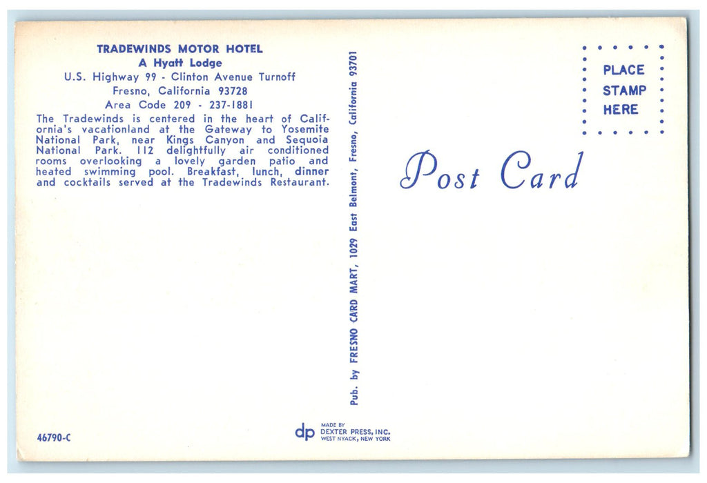 c1950 Tradewinds Motor Motel Hyatt Lodge Restaurant Swimming Fresno CA Postcard