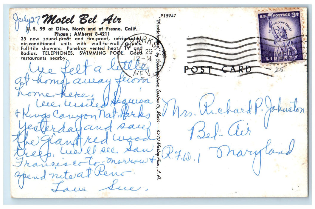 1959 Motel Bel Air Restaurant Swimming Pool Car North End Of Fresno CA Postcard