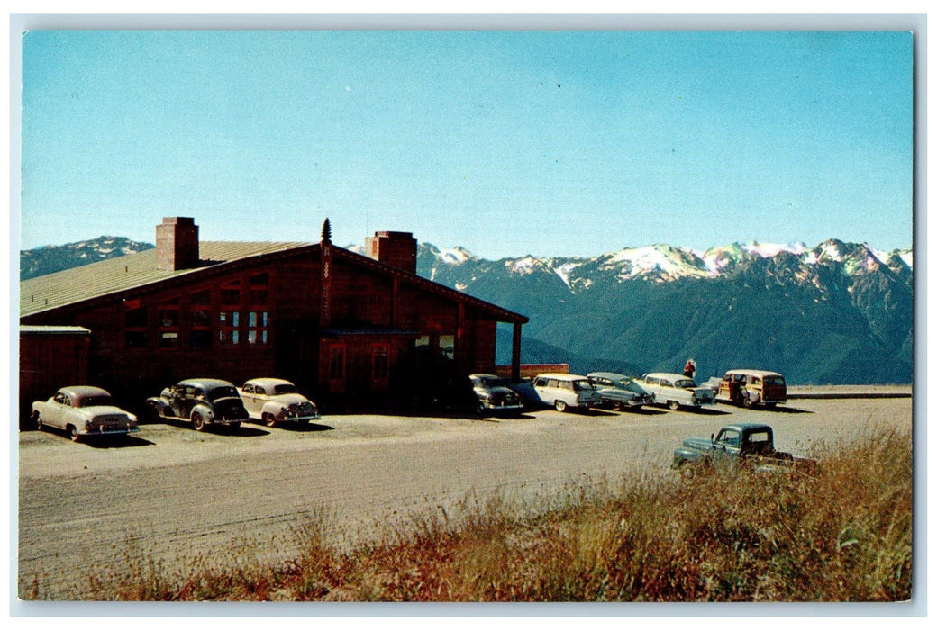 c1950's Ski Lodge Tourist Classic Cars Hurricane Ridge Washington WA Postcard