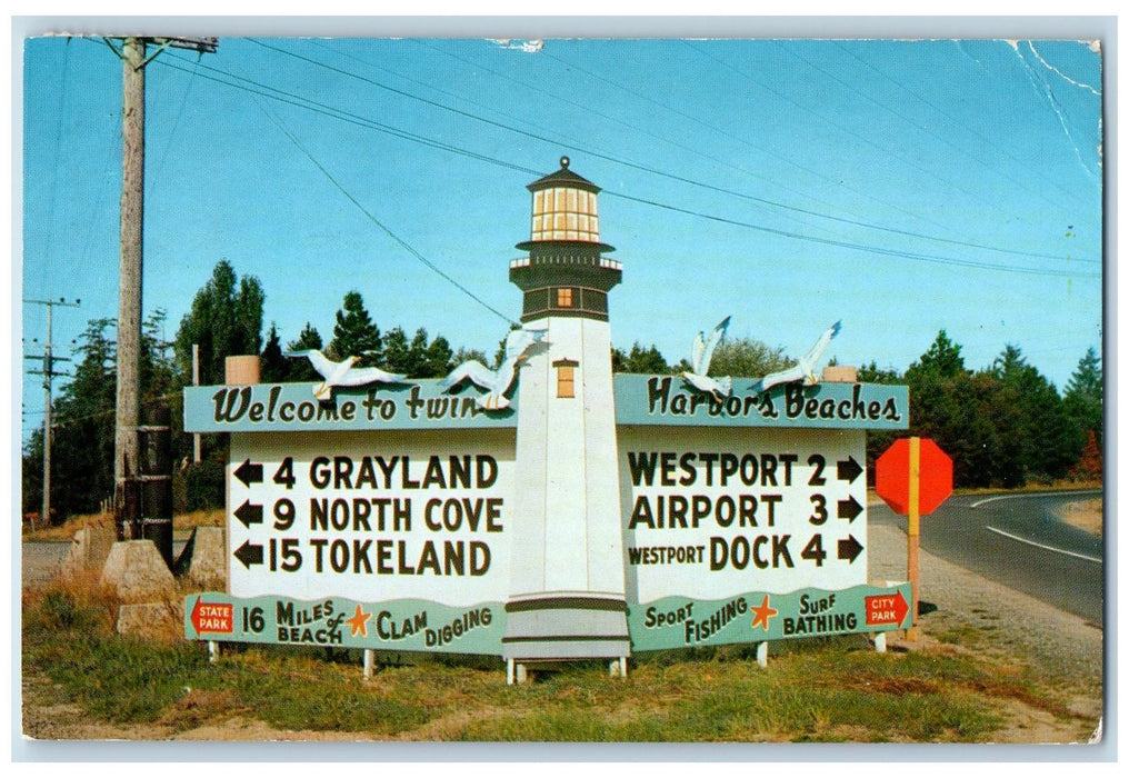 1961 Twin Harbors Highway Sign Road Lighthouse Beaches Washington WA Postcard