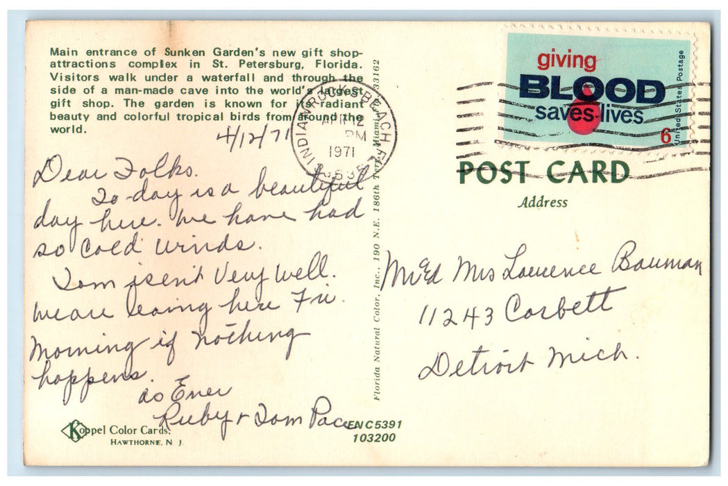 1971 Main Entrance Sunken Garden's Gift Shop St. Petersburg Florida FL Postcard