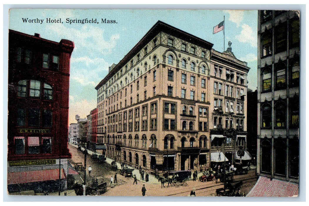 c1910 Worthy Hotel Restaurant Horse Carriage Classic Car Springfield MA Postcard