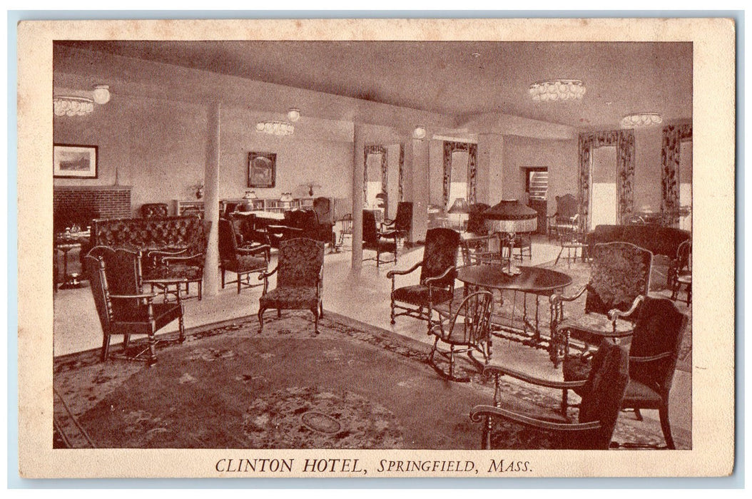 c1920's Clinton Hotel Restaurant Lobby Chandelier Chairs Springfield MA Postcard