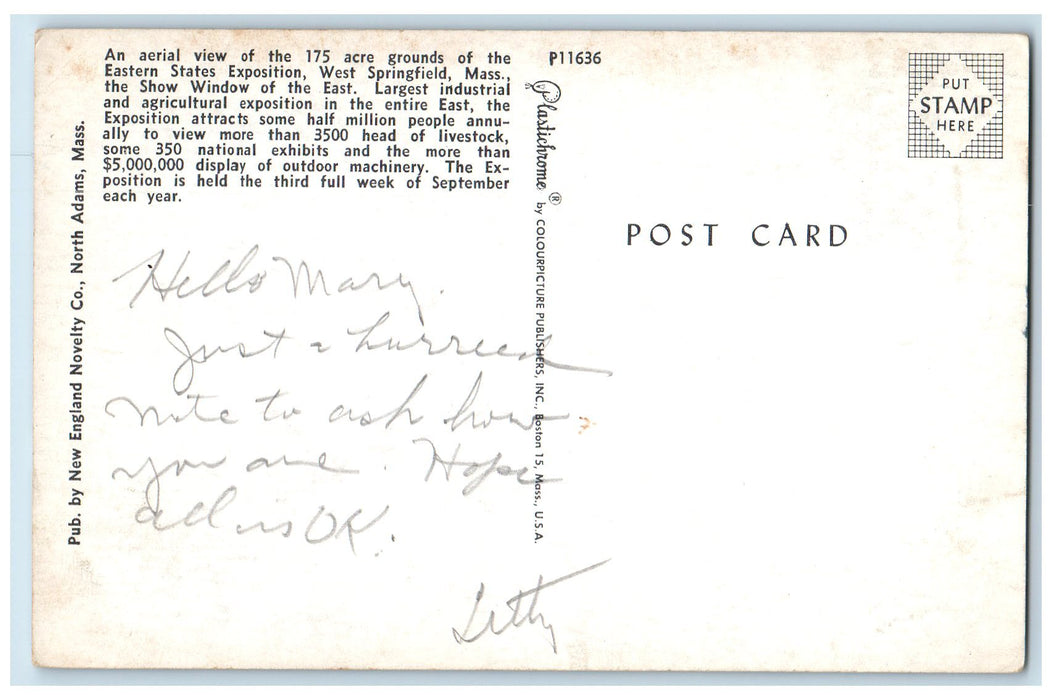 c1950 Aerial View Eastern State Exposition Building West Springfield MA Postcard