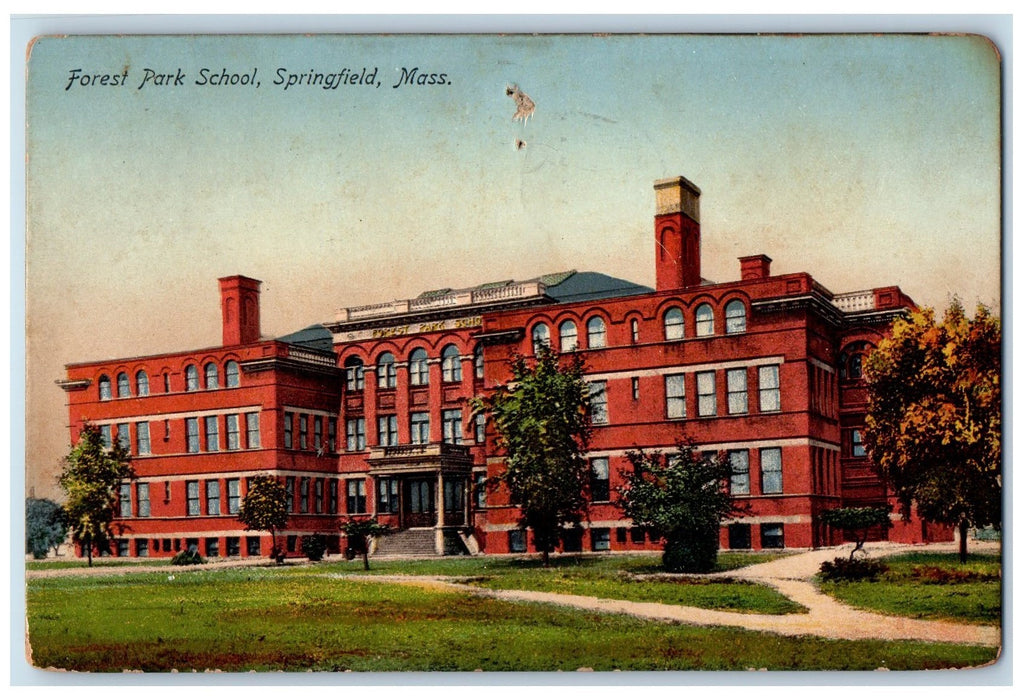 1910 Forest Park School Campus Entrance View Pathways Springfield MA Postcard