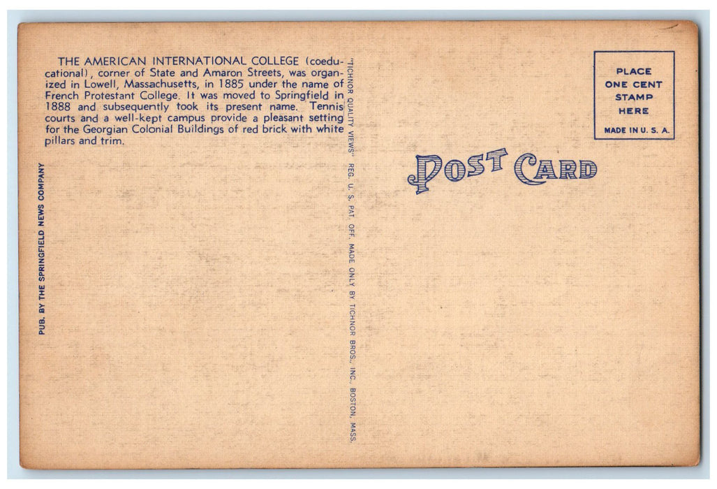 c1950's American International College View Classic Car Springfield MA Postcard