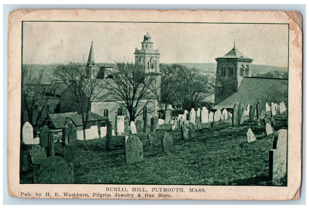 c1920 Burial Hill Cemetery Grave Church Trees Plymouth Massachusetts MA Postcard