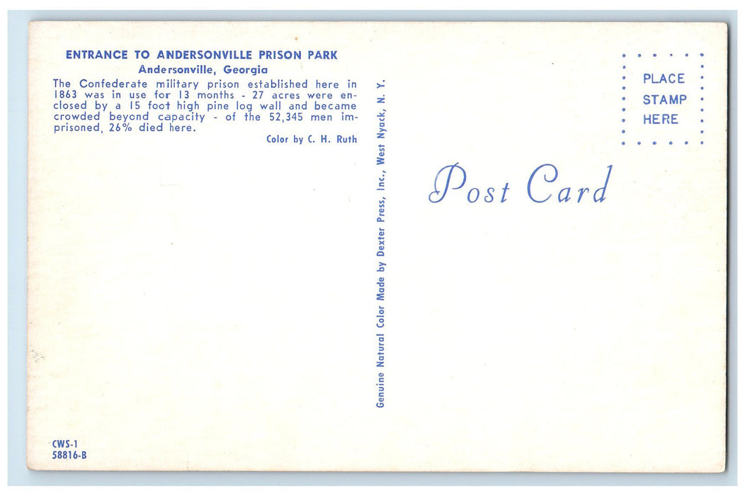 c1960's Entrance To Andersonville Prison Park Andersonville Georgia GA Postcard