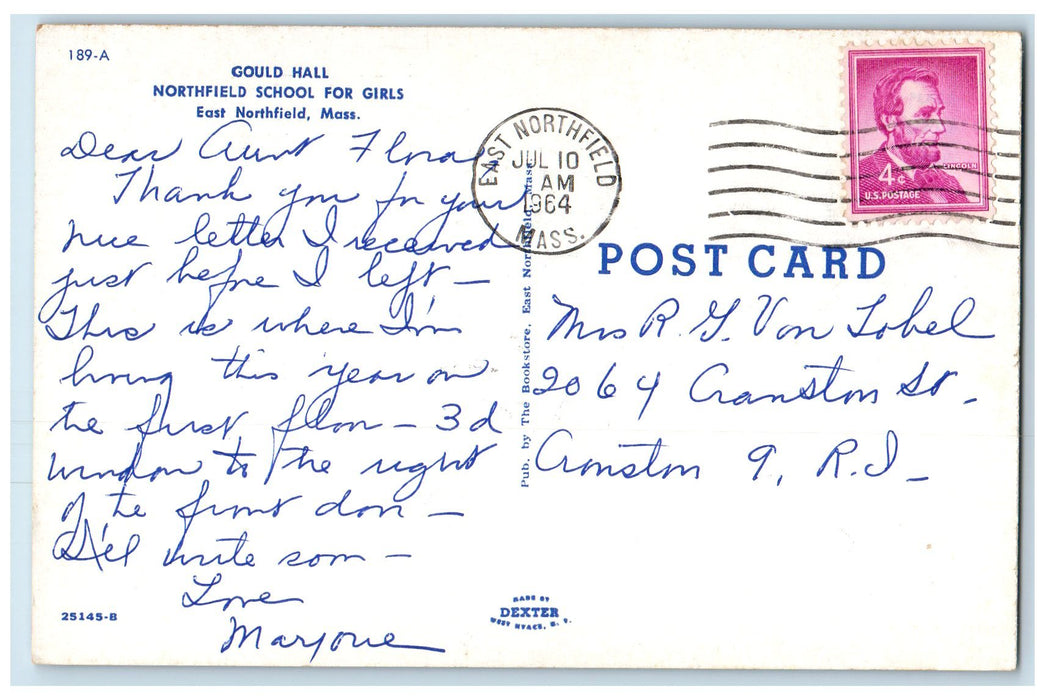 1964 Gould Hall Northfield School For Girls Campus East Northfield MA Postcard