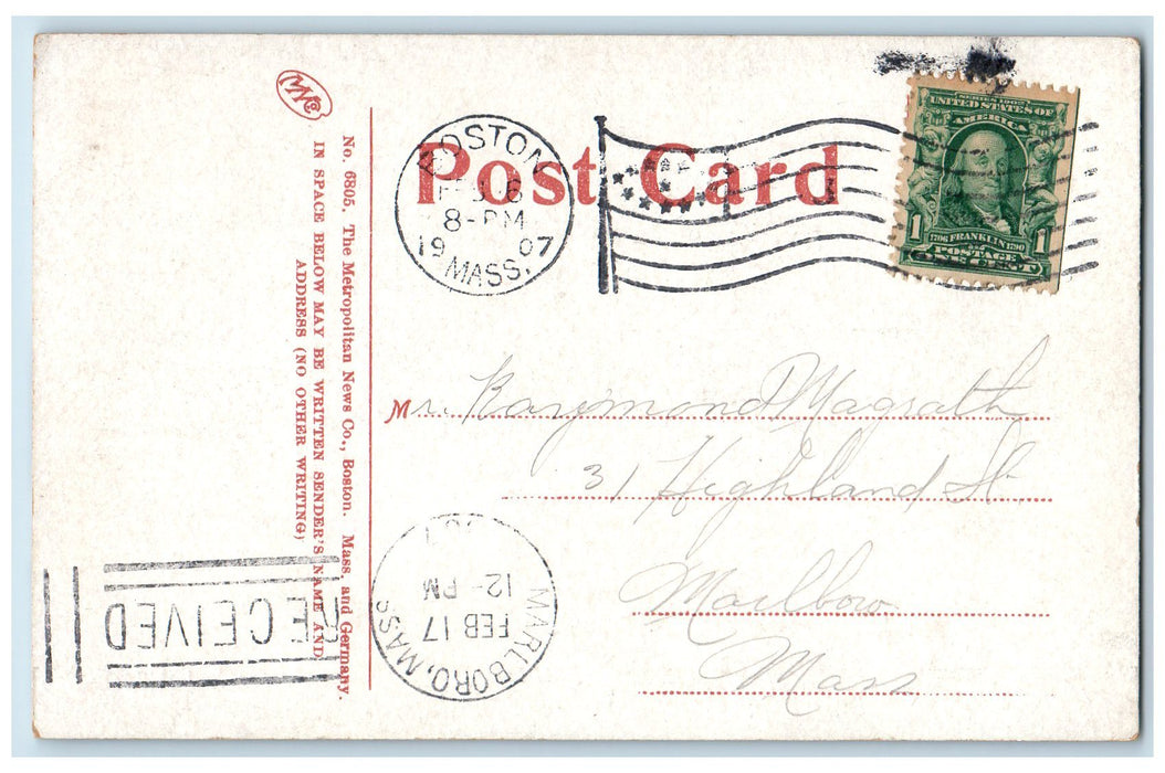1907 Rows Wharf Water Front Docking Flags Ferry Smokestacks Boston MA Postcard