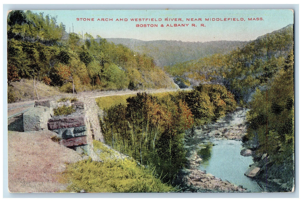c1950's Stone Arc Westfield River Lake Railroad Forest Middlefield MA Postcard