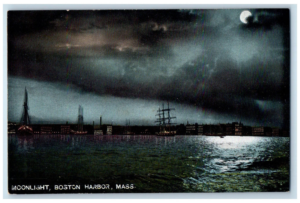 c1905 Moonlight Sailing Boats Moon Reflection Building Boston Harbor MA Postcard