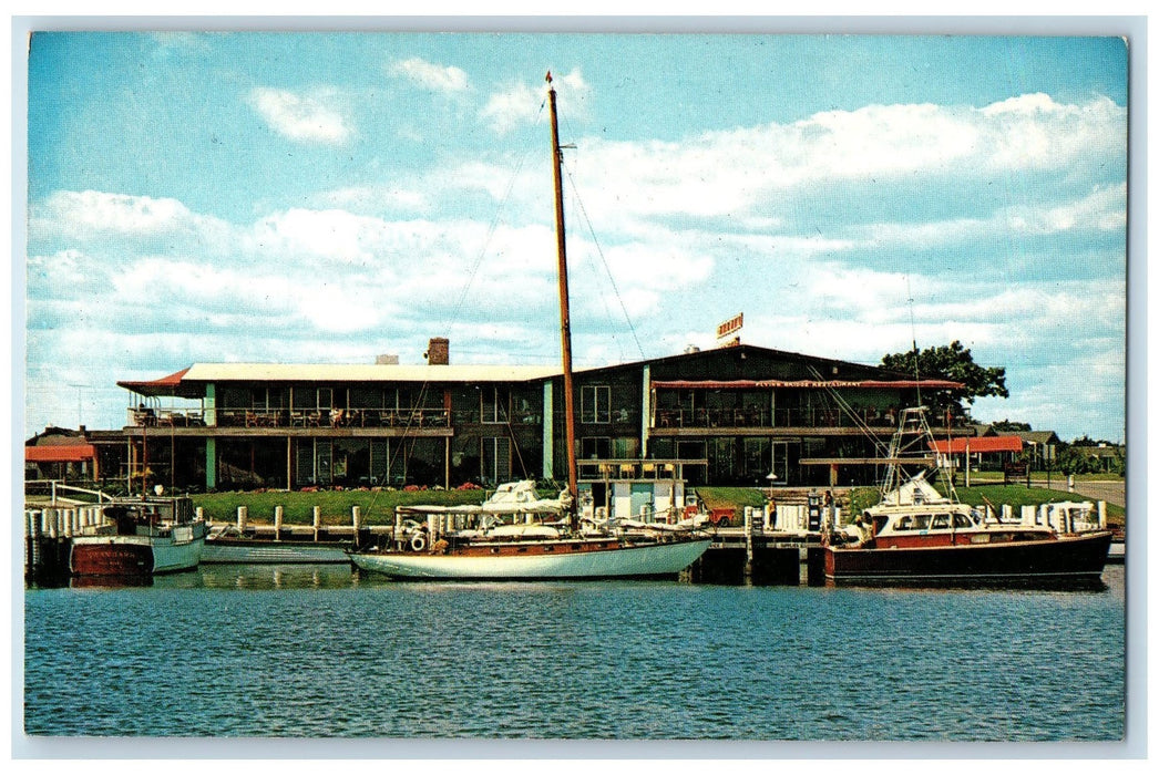c1950's The Flying Bridge Restaurant View Docking Boats Falmouth MA Postcard