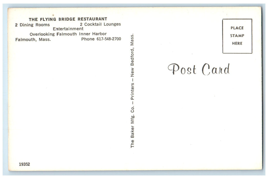c1950's The Flying Bridge Restaurant View Docking Boats Falmouth MA Postcard