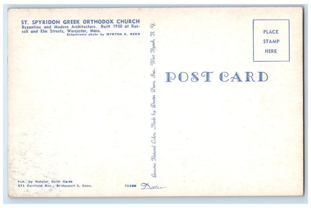 c1950's St. Spyridon Greek Orthodox Church Building View Worcester MA Postcard