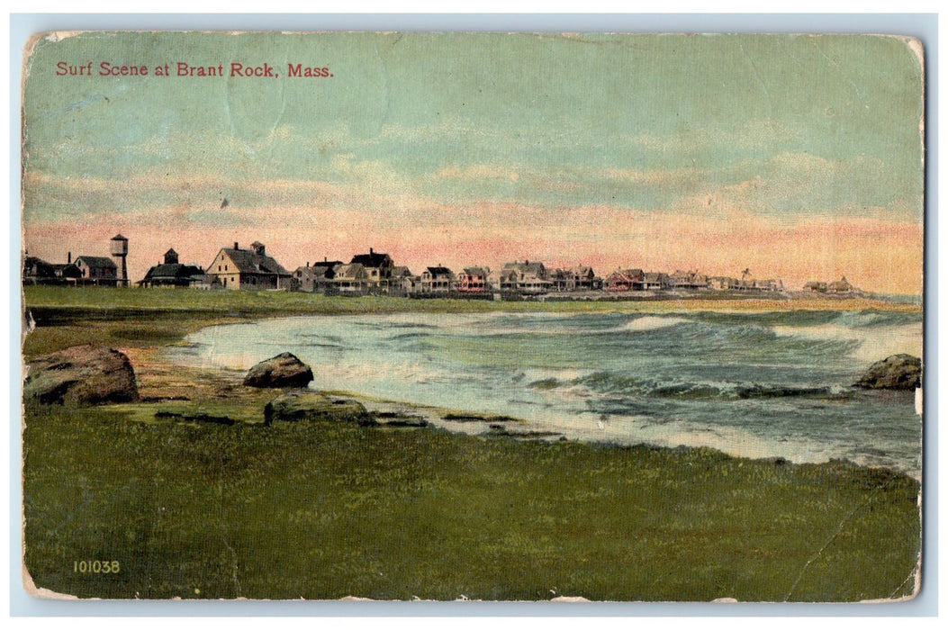 1915 Surf Scene Shore Rocks Waves Lodges Brant Rock Massachusetts MA Postcard