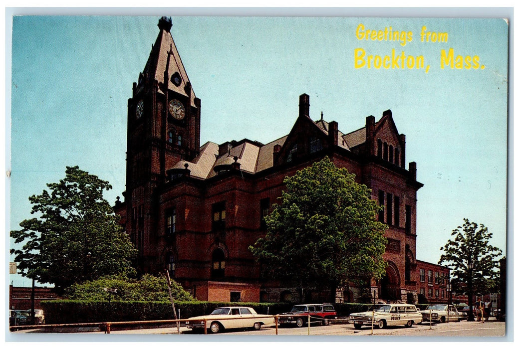 c1950 Greetings From Brocton Classic Cars Watch Tower Massachusetts MA Postcard
