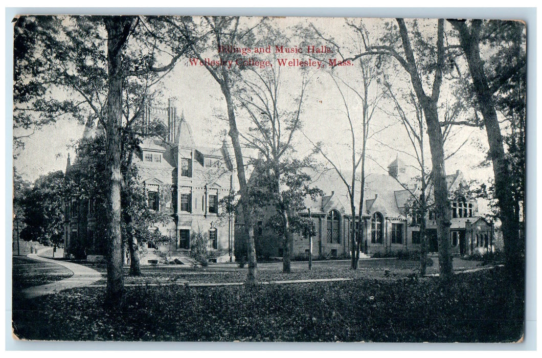 c1950 Billings Music Hall Road Trees Wellesley College Massachusetts MA Postcard