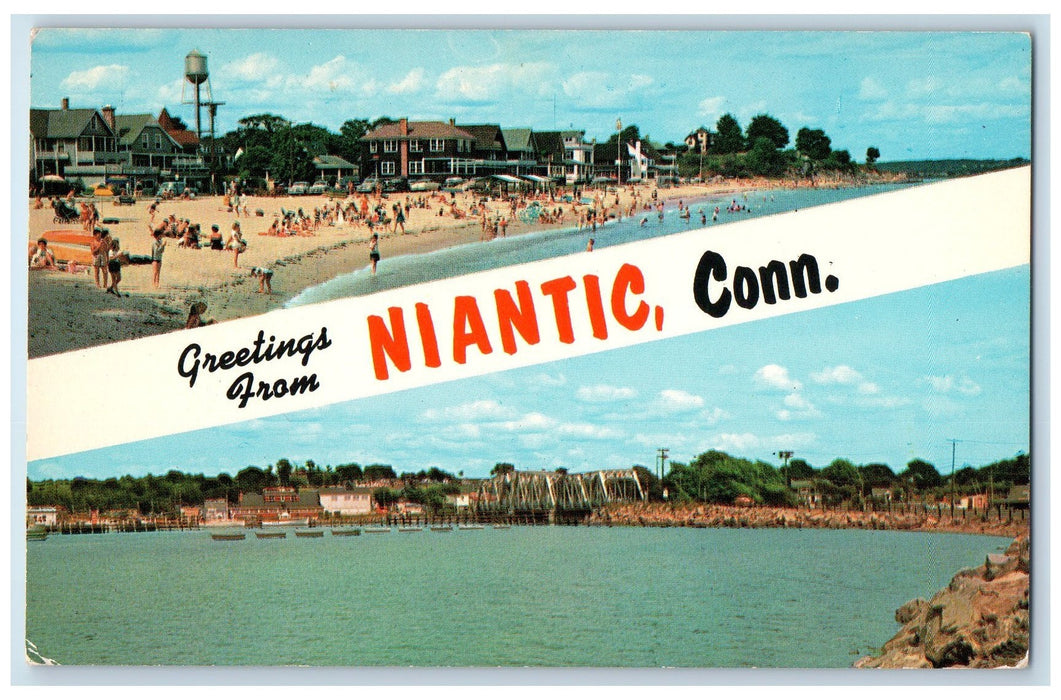 c1960's Greetings From Niantic CT Crescent Beach Railroad Bridge Scene Postcard