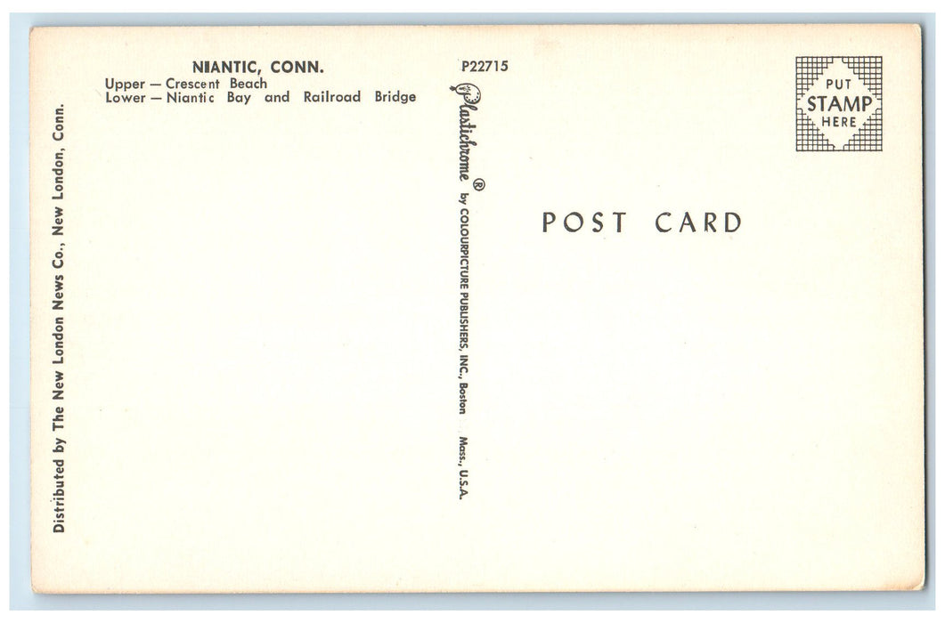 c1960's Greetings From Niantic CT Crescent Beach Railroad Bridge Scene Postcard