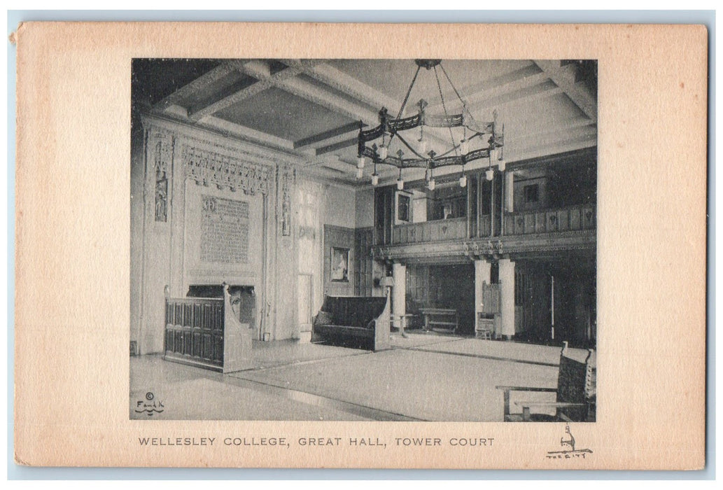 c1920 Wellesley College Great Hall Tower Court Interior Chandelier MA Postcard