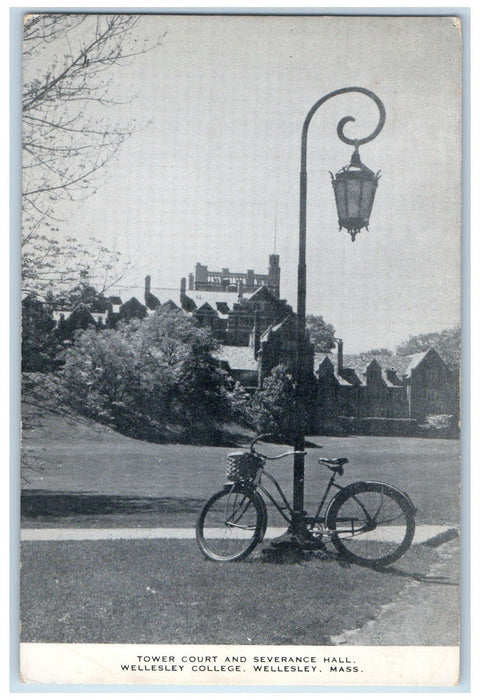 c1920 Tower Court Severance Hall Bicycle Post Lamp Wellesley College MA Postcard