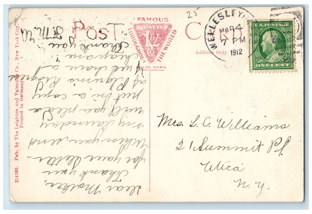 1912 Wilder Hall Building Wellesley College Wellesley Massachusetts MA Postcard