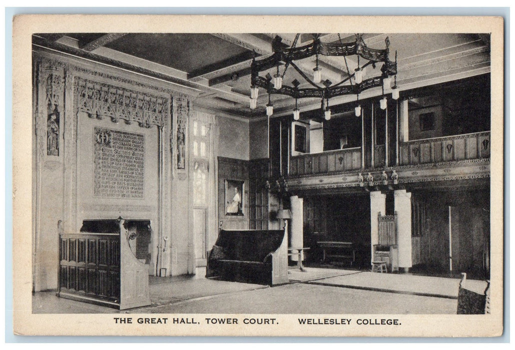 c1920 Great Hall Tower Court Benches Engrave Wall Wellesley College MA Postcard