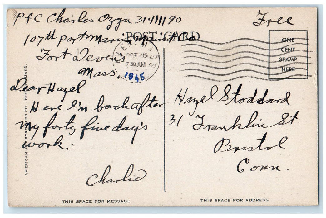 1945 Post Office Post Exchange Fort Devens Ayer Massachusetts MA Posted Postcard
