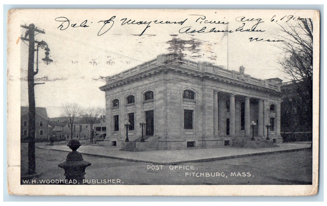 1912 Post Office Exterior Roadside Fitchburg Massachusetts MA Posted Postcard