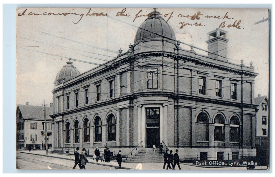 1909 Post Office Exterior People Scene Lynn Massachusetts MA Posted Postcard