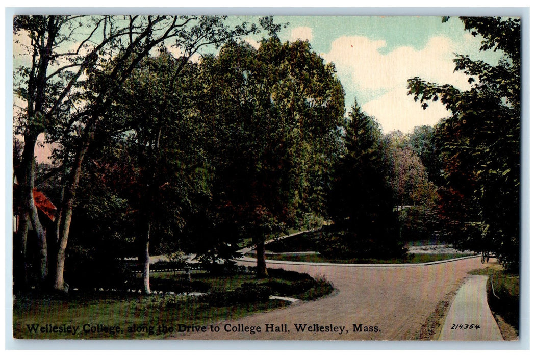 c1950's Wellesley College Hall Drive Dirt Road Trees Massachusetts MA Postcard