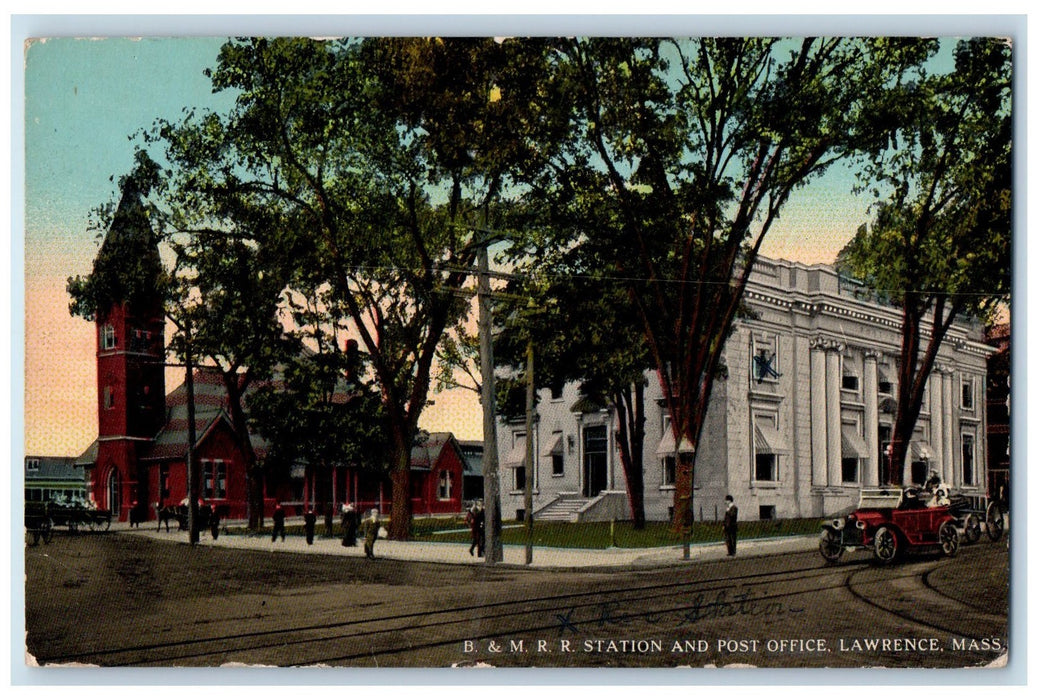 1917 B&M Railroad Station And Post Office Lawrence Massachusetts MA Car Postcard